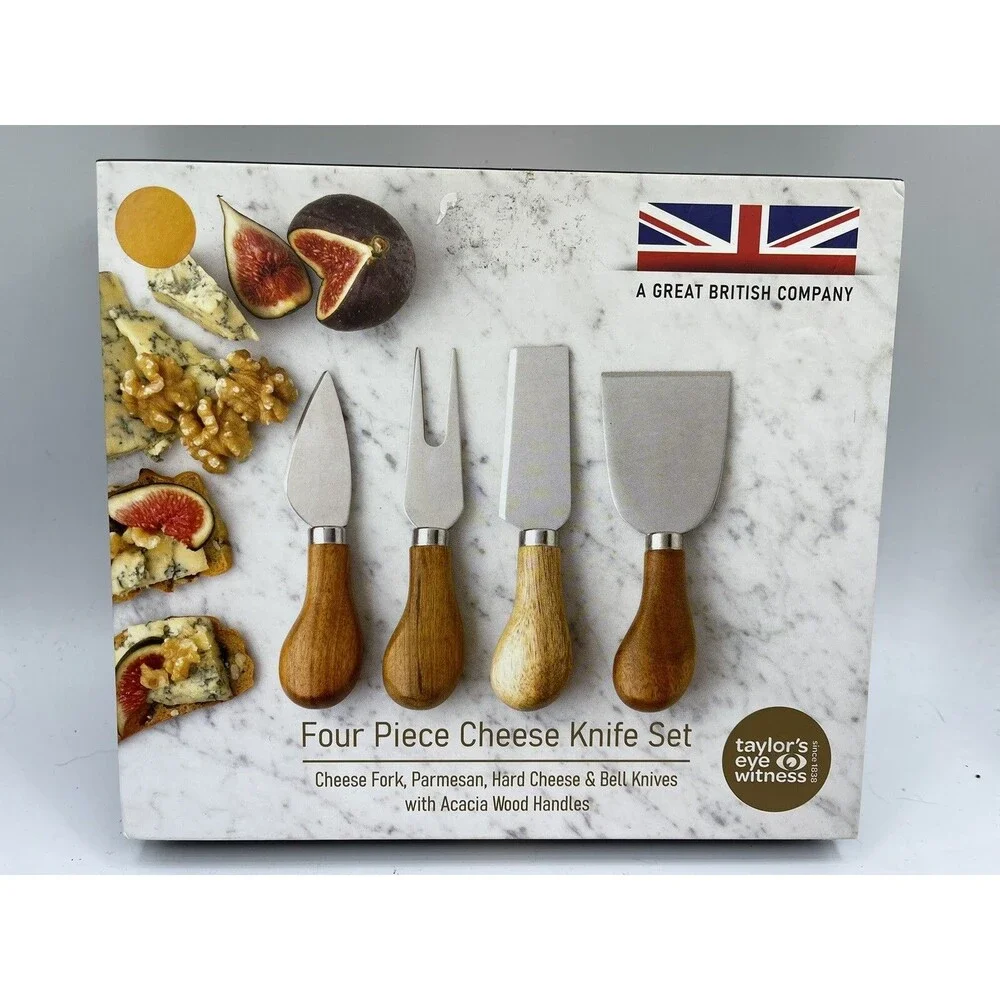 New Taylor’s Eye Witness British Company Four Piece Cheese Knife Set Acacia Wood